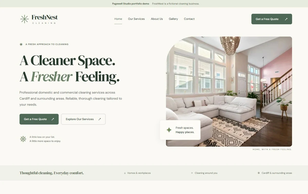 Completed FreshNest desktop homepage: cream and sage branding, A Cleaner Space. A Fresher Feeling. headline, and the real living-room photograph.