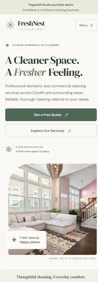 Actual FreshNest mobile homepage with its stacked headline, quote buttons and living-room photography.
