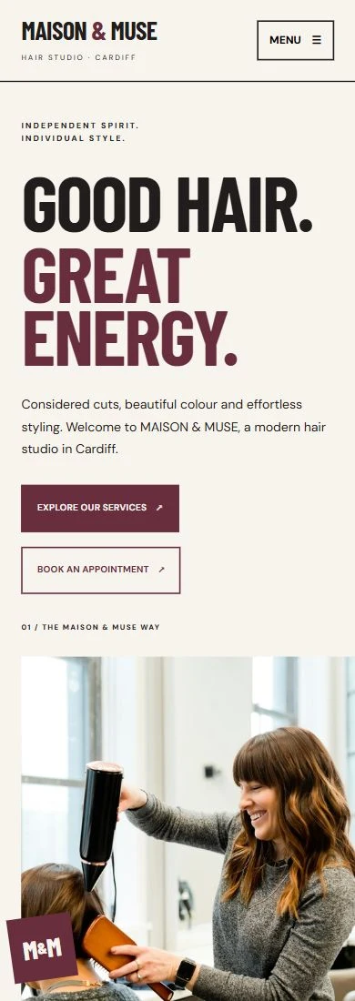 MAISON and MUSE mobile homepage showing its responsive headline, navigation and salon imagery.